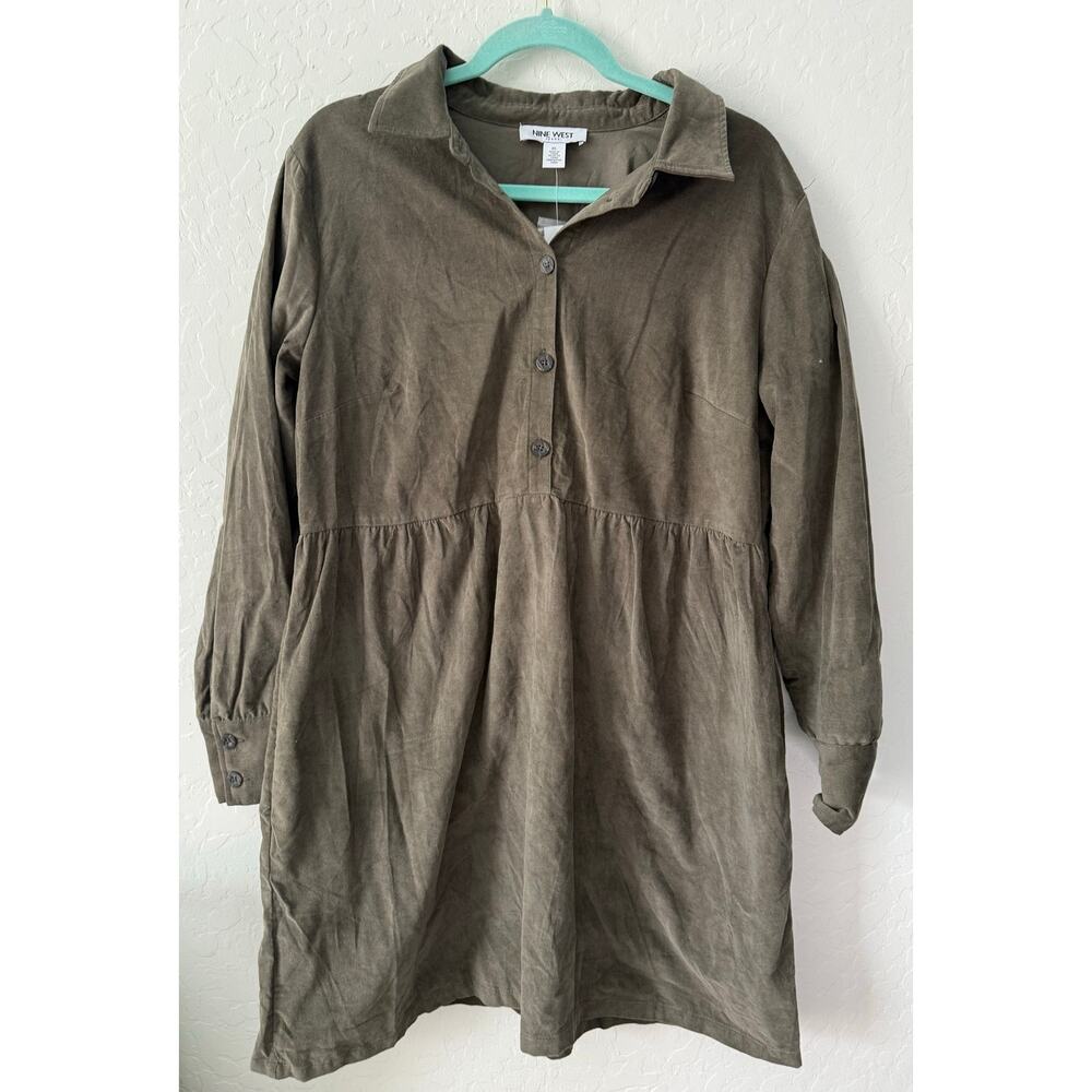 Nine West Green Long Sleeve Button Up Empire Waist Knee Length Dress XL NWT